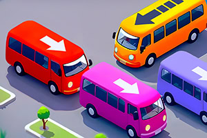 Punainen, oranssi, vaaleanpunainen ja violetti minibussi, joissa kaikissa on nuoli katolla, pysäköityinä vierekkäin harmaalla pinnalla, vieressään pieniä puita