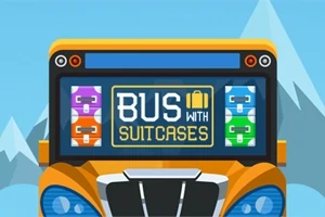 Kuvassa on sarjakuvatyylinen bussi, jossa teksti Bus with Suitcases ja erilaisia värikkäitä matkalaukkuja taustalla vuorimaisema