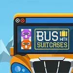 Kuvassa on sarjakuvatyylinen bussi, jossa teksti Bus with Suitcases ja erilaisia värikkäitä matkalaukkuja taustalla vuorimaisema