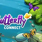 Perhosia lentämässä kivikkoisen puron yllä, keskellä sana Butterfly Connect