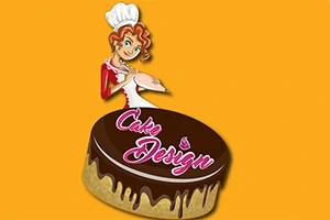 Piirroshahmo kokin hatussa koristelee suklaakakkua, jonka päällä lukee käsinkirjoitus Cake Design oranssia taustaa vasten