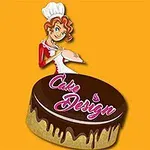 Piirroshahmo kokin hatussa koristelee suklaakakkua, jonka päällä lukee käsinkirjoitus Cake Design oranssia taustaa vasten