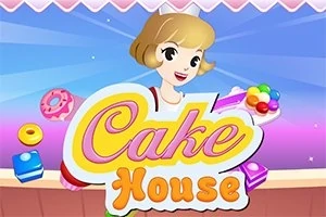 Nuori nainen pitelee värikkäitä leivonnaisia kirkkaan värikkään Cake House -kyltin edessä