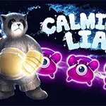 Karhu, jolla on keltainen hanska, pieni tyttö ja kolme violettia, yksisilmäistä luonto-olentoa sinisellä taustalla, ja teksti Calming Lia