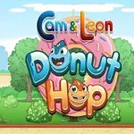 Sarjakuvatyylinen kuva, jossa kaksi iloista olentoa ja teksti Cam & Leon Donut Hop suuren donitsin edessä puistomaisessa ympäristössä