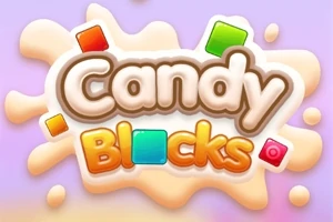 Värikäs logo, jossa lukee Candy Blocks ja ympärillä on värikkäitä blokkeja karkkimaisten roiskeiden keskellä