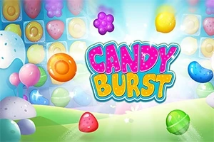 Värikäs kuva, jossa on kirkkaasti valaistuja hedelmäkarkkeja ja keskellä teksti Candy Burst