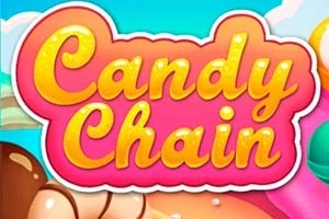 Värikkäästi piirrettyjä karkkeja ja keksimäisiä muotoja sekä otsikko Candy Chain kirkkailla kirjaimilla