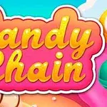 Värikkäästi piirrettyjä karkkeja ja keksimäisiä muotoja sekä otsikko Candy Chain kirkkailla kirjaimilla