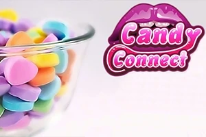 Lasiastia täynnä värikkäitä sydämenmuotoisia karkkeja ja vieressä teksti Candy Connect purppuraisilla huulilla