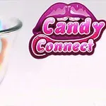 Lasiastia täynnä värikkäitä sydämenmuotoisia karkkeja ja vieressä teksti Candy Connect purppuraisilla huulilla