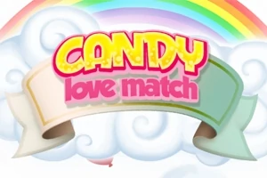 Värikkään sateenkaaren alle sijoitettu teksti Candy Love Match pilvien keskellä