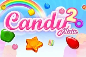Värikäs kuva, jossa näkyy sateenkaari, makeisia kuten tähti ja pallo sekä teksti Candy 2 Rain pastellisävyisellä taustalla