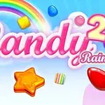 Värikäs kuva, jossa näkyy sateenkaari, makeisia kuten tähti ja pallo sekä teksti Candy 2 Rain pastellisävyisellä taustalla
