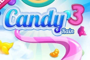 Värikäs kuva, jossa on suurikokoisia, kirkkaita karkkeja ja tekstit Candy 3 Rain vaalealla taustalla