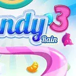 Värikäs kuva, jossa on suurikokoisia, kirkkaita karkkeja ja tekstit Candy 3 Rain vaalealla taustalla