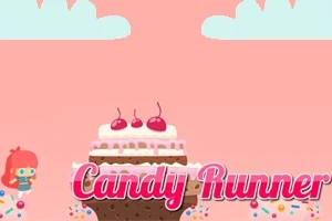 Vaaleanpunaisella taustalla on suuri kermakakku, jonka päällä on kirsikoita, sekä pieni hahmo ja teksti Candy Runner