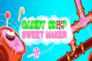Värikäs kuva, jossa on vaaleansinisellä taustalla vaaleanpunainen putkisto ja iso kulho karkkia, sekä teksti Candy Shop Sweet Maker