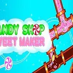 Värikäs kuva, jossa on vaaleansinisellä taustalla vaaleanpunainen putkisto ja iso kulho karkkia, sekä teksti Candy Shop Sweet Maker
