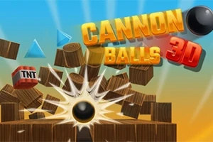 Värikäs kuva, jossa musta tykinkuula räjäyttää puulaatikoita ja taustalla teksti Cannon Balls 3D