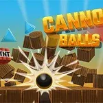 Värikäs kuva, jossa musta tykinkuula räjäyttää puulaatikoita ja taustalla teksti Cannon Balls 3D