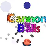 Värikkäät kirjaimet, jotka muodostavat sanat Cannon Balls valkoisella taustalla, ja useita pieniä harmaita palloja levittäytyneenä alareunassa