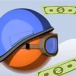 Sininen kypärä ja suojalasit päällä oleva pallo lentää ilmassa setelien ja keltaisen renkaan vieressä