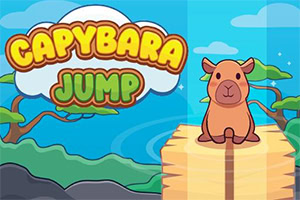 Piirretty kapybara istuu puisella tasanteella värikkäässä viidakkomaisemassa, jossa on suuri teksti Capybara Jump
