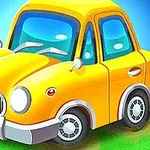 Kirkkaankeltainen piirretty auto vihreällä nurmikolla sinistä taustaa vasten