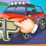 Punainen maastoauto autotallissa, etualalla on käsi, joka osoittaa auton etuosaan, ja auton päällä on valot