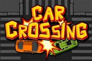 Vihreä ja oranssi auto törmäävät toisiinsa suojatien päällä, ja yläpuolella on suuret keltaiset kirjaimet sanoen Car Crossing