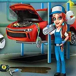 Punainen auto korjattavana autotallissa, ja hymyilevä mekaanikko pitelee suurta jakoavainta