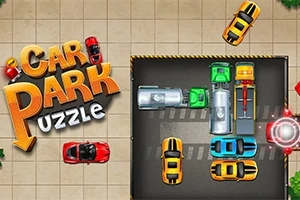 Autojen pysäköintipeli, jossa autot ovat ruudukossa ja niitä ympäröi laattoja sekä kuvassa lukee Car Park Puzzle