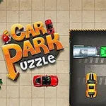 Autojen pysäköintipeli, jossa autot ovat ruudukossa ja niitä ympäröi laattoja sekä kuvassa lukee Car Park Puzzle