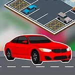 Punainen auto pysäköitynä viereiselle tielle, taustalla näkyy pysäköintialue pysäköintikyltin kanssa