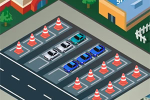 Pysäköintialue, jossa on autoja ja liikennekartioita