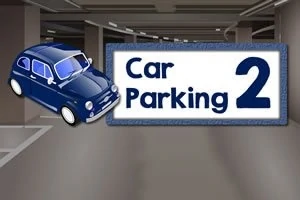 Sininen piirretty auto, teksti Car Parking 2 ja taustalla pysäköintihalli