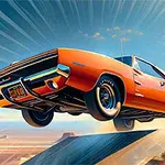 Oranssi auto ilmassa, hyppäämässä rampilta kirkkaan sinistä taivasta vasten