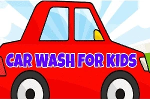 Punainen piirretty auto, jossa lukee Car Wash for Kids sinisellä tekstillä