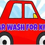 Punainen piirretty auto, jossa lukee Car Wash for Kids sinisellä tekstillä