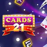 Korteista muodostuva räjähdysmäinen kuvio, jossa on kortit ässästä kolmeen, ja niiden vasemmalla puolella värikäs Cards 21 -logo