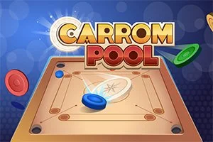 Carrom-lauta, värilliset pelinappulat ja teksti Carrom Pool sinisellä taustalla