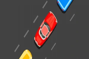 Punainen auto ajaa kaistalla muiden autojen välissä