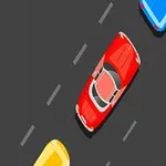 Punainen auto ajaa kaistalla muiden autojen välissä
