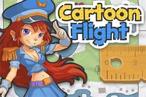 Punahiuksinen nainen vihreässä univormussa ja sinisessä lakissa hymyilee piirrosmaisessa tyylissä, taustalla karttamotiiveja ja teksti Cartoon Flight