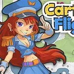 Punahiuksinen nainen vihreässä univormussa ja sinisessä lakissa hymyilee piirrosmaisessa tyylissä, taustalla karttamotiiveja ja teksti Cartoon Flight