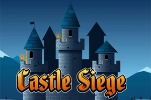 Keskiaikainen linna, jossa on siniset tornit, taustalla vuoria ja edessä lukee Castle Siege