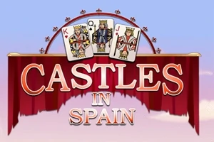Punaisella taustalla kolme pelikorttia kruunujen kanssa, taustalla teksti Castles in Spain