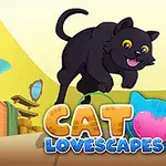 Mustassa kissassa hyppää iloisena etualalla, jossa on lankakerä sekä teksti CAT LOVESCAPES kirkkailla kirjaimilla värikkäässä huoneessa