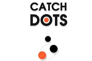 Tekstielementit CATCH DOTS ja niiden alapuolella on kolme pyöreää pistettä, yksi oranssi ja kaksi mustaa, valkoisella taustalla